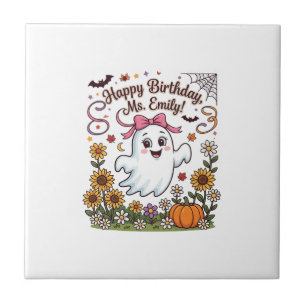 Happy Birthday Ms Emily Halloween Ghost Pumpkin Su Ceramic Tile