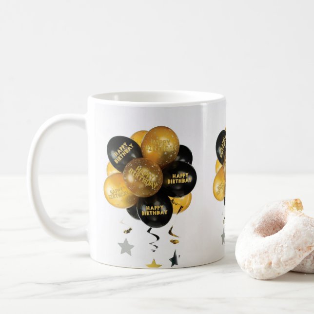 Happy Birthday Mug Black Gold Balloons (With Donut)