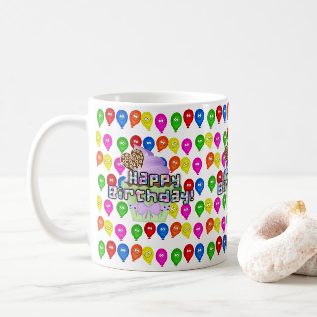 Happy Birthday Mug Colourful Balloons Cupcake (With Donut)
