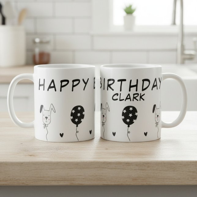 Happy Birthday Mug with Dogs and Ballons (funny birthday mug)