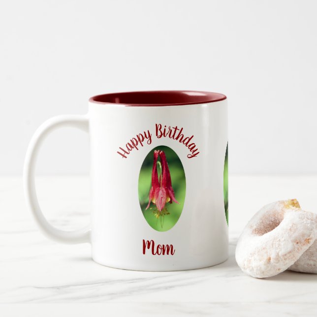 Happy Birthday Mum Columbine Flower  Two-Tone Coffee Mug (With Donut)