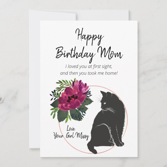 Happy Birthday Mum From Cat Marsala Floral Holiday Card (Front)