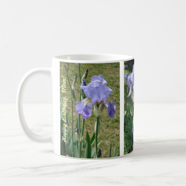 Happy Birthday, Mum Mug with Blue Mauve Irises (Left)