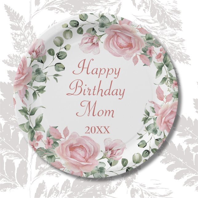 Happy Birthday Mum Pink Floral Party  Paper Plate (Creator Uploaded)