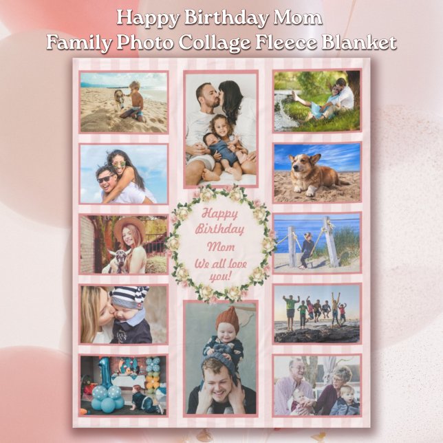 Happy Birthday Mum Pink Rose Photo Collage Fleece Blanket (Happy Birthday Mom Pink Rose Family Photo Collage Fleece Blanket)