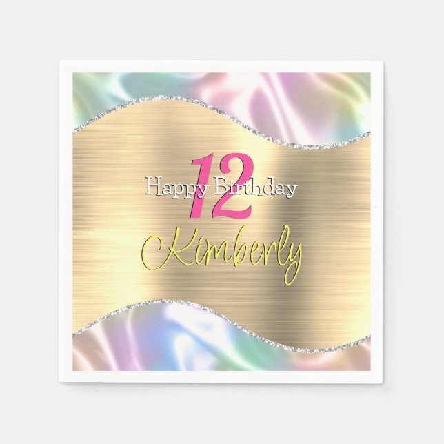 Happy Birthday, Name Age Iridescent & Gold Wave Napkin (Front)