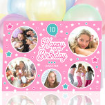 Happy Birthday Name Age Photo Collage Bright Pink Card<br><div class="desc">Cute personalised greetings card,  featuring five of your favourite photos! Celebration balloon and stars in bright pink,  white and blue-green turquoise.</div>