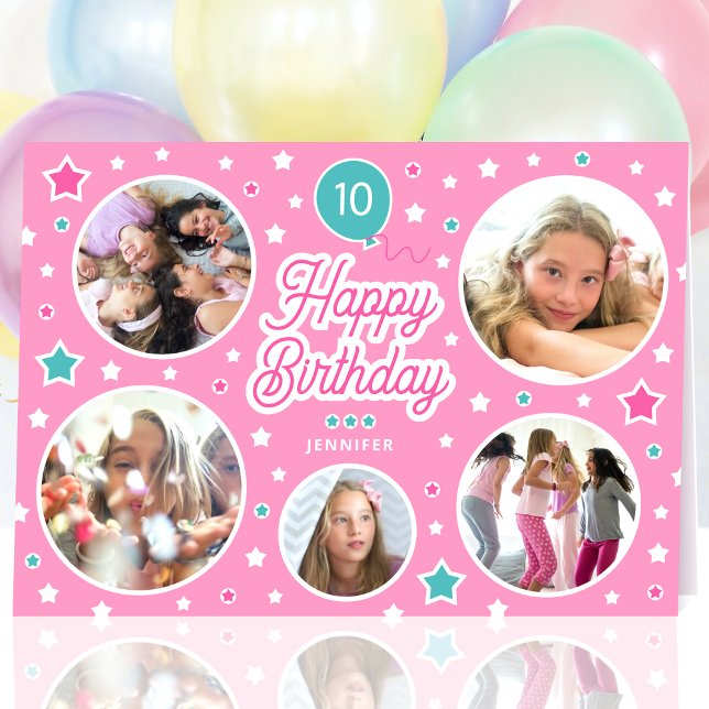Happy Birthday Name Age Photo Collage Bright Pink Card (Creator Uploaded)