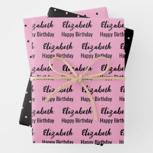 Happy Birthday Name Black Light Pink Polka Dots Wrapping Paper Sheet