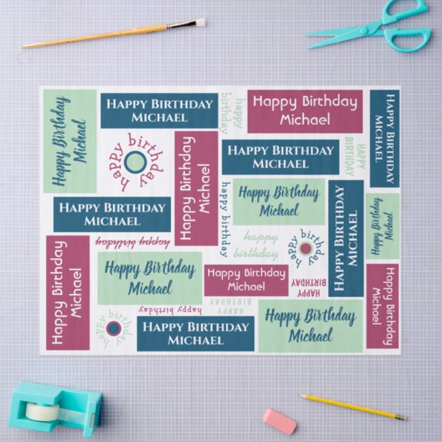 Happy Birthday Name Blue Mint Green Burgundy Tissue Paper (Craft)