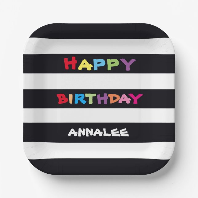 Happy Birthday Name Bright Colourful Food Safe  Paper Plate (Front)