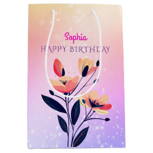Happy Birthday, Name, Flowers Gold, Pink & Purple Medium Gift Bag