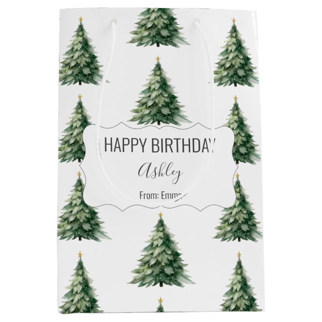 Happy Birthday + Name + From Christmas Tree Medium Gift Bag (Front)
