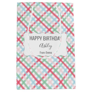 Happy Birthday + Name + From Colourful Gingham Medium Gift Bag
