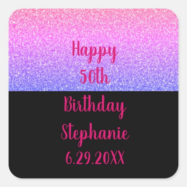 Happy Birthday Name Glittery Rose Gold Pink Black Square Sticker (Front)