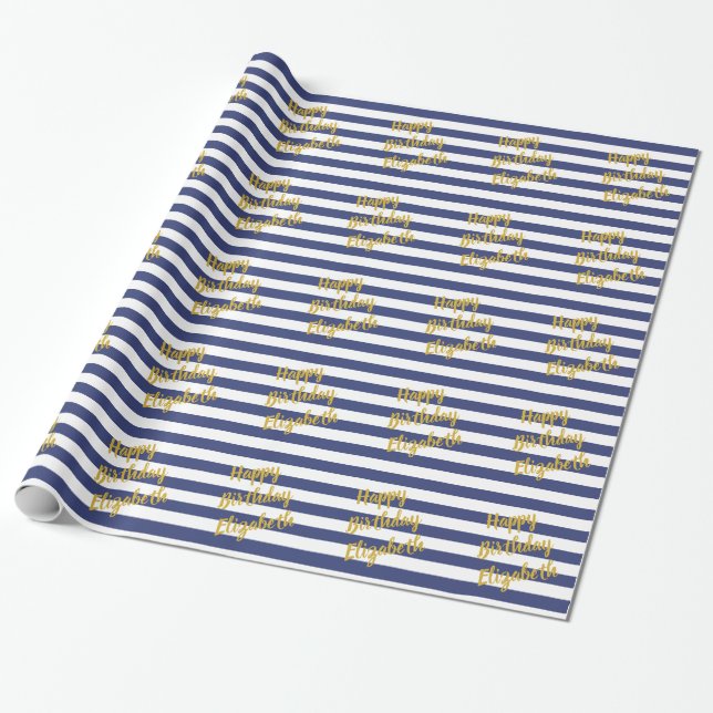 Happy Birthday Name Gold Script Blue White Stripes Wrapping Paper (Unrolled)