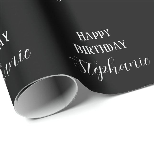 Happy Birthday Name Monogram Black White Modern Wrapping Paper (Roll Corner)