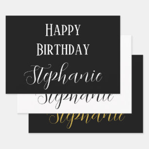 Happy Birthday Name Monogram Gold Black White Wrapping Paper Sheet