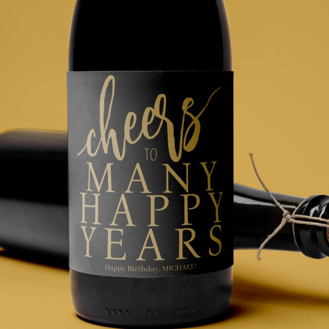 Happy Birthday name personalised cheers gold black Wine Label (Creator Uploaded)