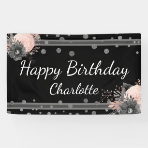 Happy Birthday Name Pink Flowers Confetti Banner