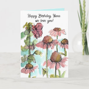 Happy Birthday Nana Pink Wildflowers Watercolor Card