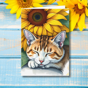 Happy Birthday   Napping Cat and Sunflower Card