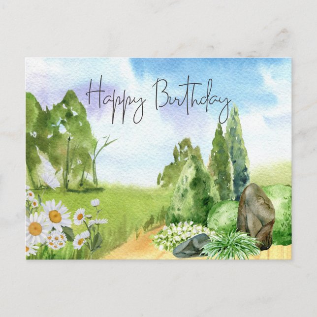 Happy Birthday Nature Landscape and Daisy Flowers  Postcard (Front)