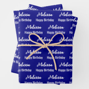 Happy Birthday Navy Blue and White Name Pattern Wrapping Paper Sheet
