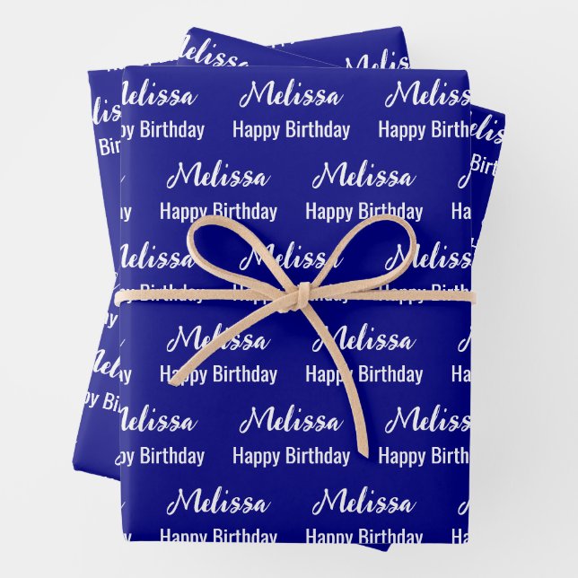 Happy Birthday Navy Blue and White Name Pattern Wrapping Paper Sheet (In situ)