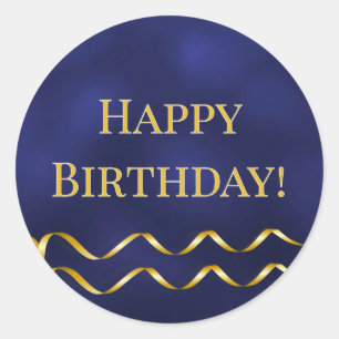 Happy Birthday navy blue gold decor Classic Round Sticker