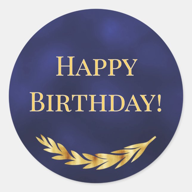 Happy Birthday navy blue gold decor Classic Round Sticker (Front)