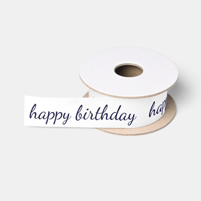 Happy Birthday Navy Blue Script Typography Satin Ribbon (Spool)