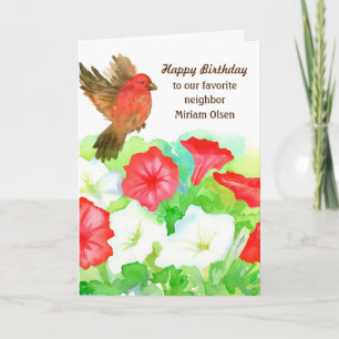 Happy Birthday Neighbour Red Petunias Finch Bird Card