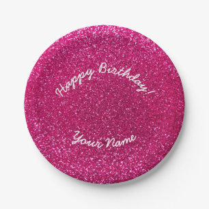 Happy Birthday neon hot pink glitter Paper Plate