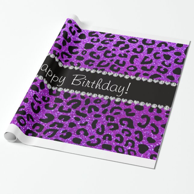 Happy birthday neon purple glitter cheetah spots wrapping paper (Unrolled)