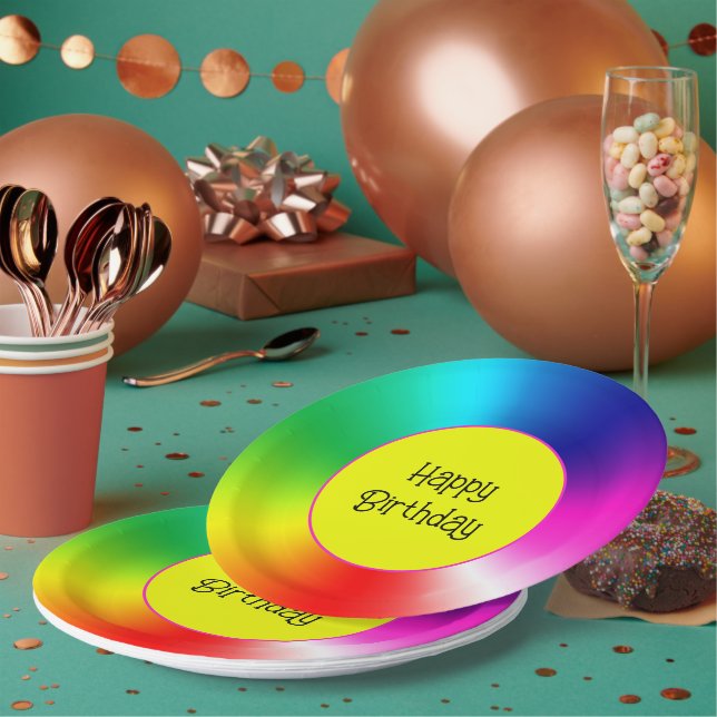 Happy Birthday Neon Rainbow Vortex Paper Plate (Multi)