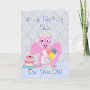 Happy Birthday Niece, Cute Pink Dragon Cartoon Card