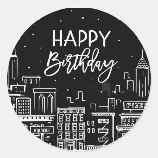 Happy Birthday Night City Scape Classic Round Sticker