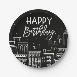 Happy Birthday Night City Scape Paper Plate