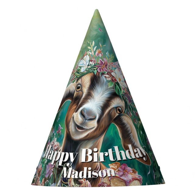 Happy Birthday Nubian Goat Garden Flowers Party Hat (Front)