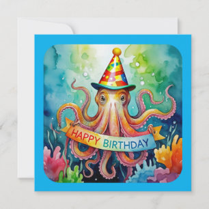 Happy Birthday Octopus Party Hat Watercolor Design Card