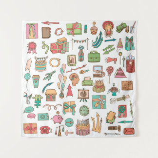 Happy birthday office elements in sketch doodle ha tapestry