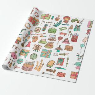 Happy birthday office elements in sketch doodle ha wrapping paper