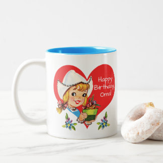 Happy Birthday Oma Grandma Dutch Girl & Tulips Two-Tone Coffee Mug