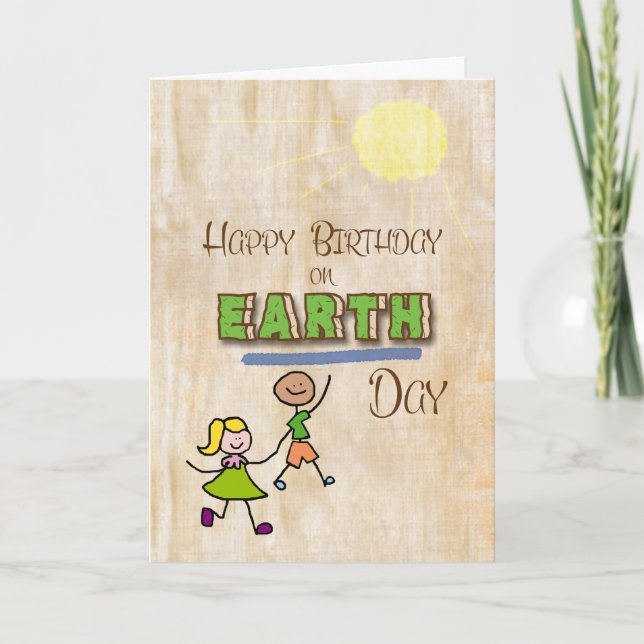 Happy Birthday on Earth Day Stick Kids Word Art Card (Front)