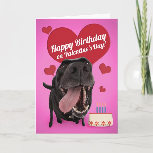Happy Birthday on Valentine's Day Cute Dog Holiday Card (Front)