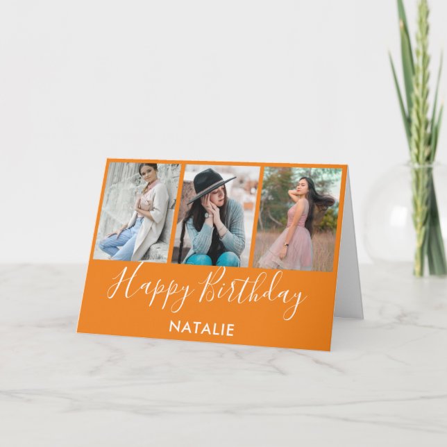 Happy Birthday Orange and White 3 Photo Collage Card (Front)