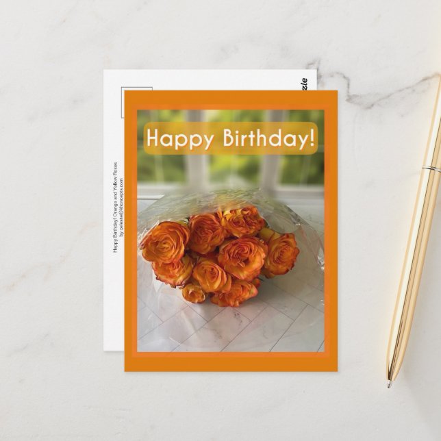 Happy Birthday! Orange and Yellow Roses Postcard (Front/Back In Situ)