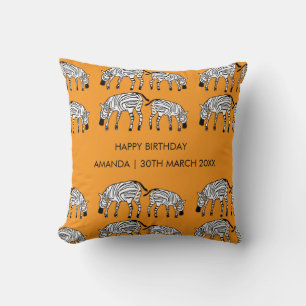 Happy Birthday, Orange, Kenyan Zebras Pattern Cushion