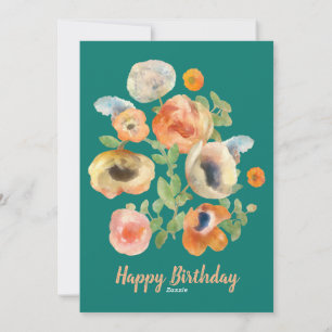 Happy Birthday Orange Spring Flowers Holiday Card